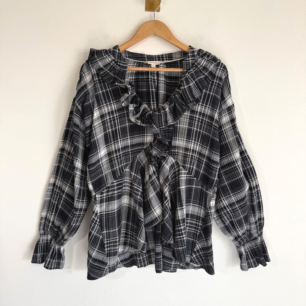Pilcro Anthropologie Ruffle Tux Blouse L Black Plaid Dark Academia Cottage